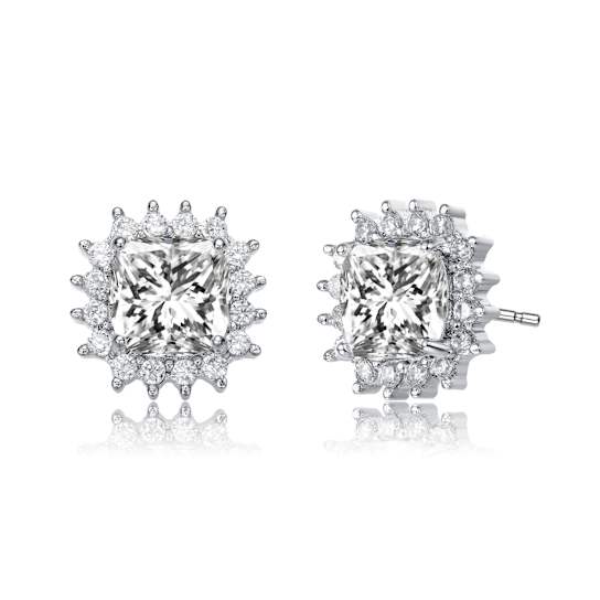 Square CZ Halo Stud Earrings In White Rhodium Over Brass