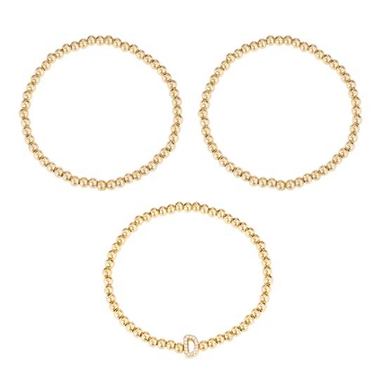 Initial D CZ Beaded Bracelet Set In 14K Gold Over Brass 0.15ctw