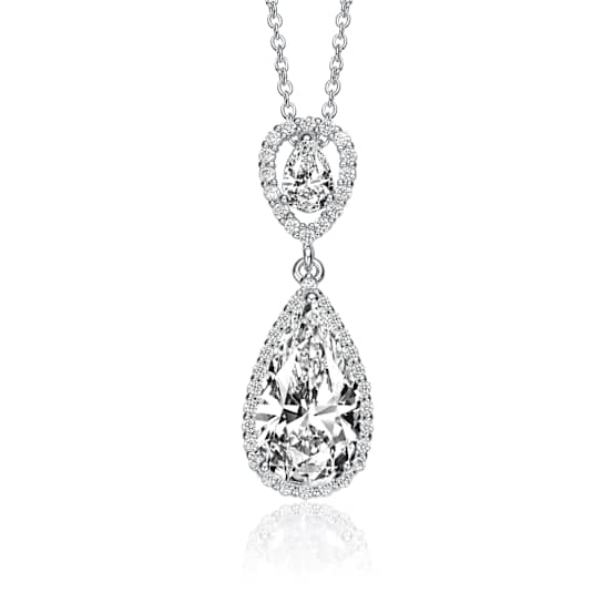 Pear Shape CZ Halo Drop Necklace In Sterling Silver