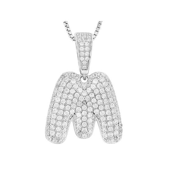 CZ Initial M Bubble Letter Pendant Necklace In Sterling Silver 1.92ctw