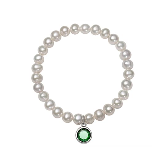 Freshwater Pearl And Green CZ Charm Stretch Bracelet In Sterling Silver