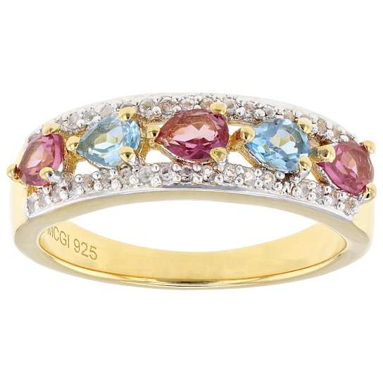 Blue, Pink And White Topaz Ring In 18K Gold Over Sterling Silver 0.97ctw