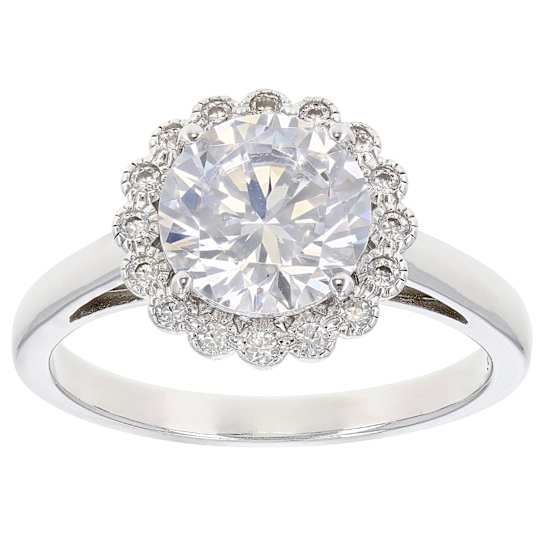 Round CZ Ring With Halo In Sterling Silver