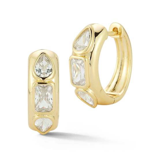 Rachel Zoe White CZ 3-Stone Hoop Earrings in 14K Gold Over Sterling Silver