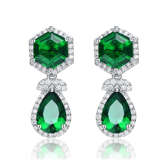 Emerald Color CZ Halo Drop Earrings In Sterling Silver
