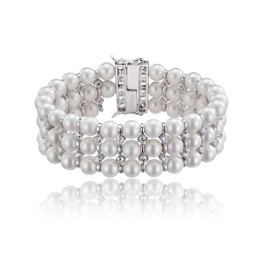 Triple-Strand Pearl And CZ Bracelet In Sterling Silver