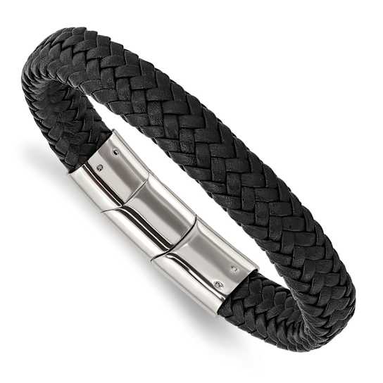 Black Woven Leather and Stainless Steel Polished 8-inch with 0.5-inch
Extension Bracelet