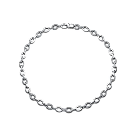 Pave CZ Oval Link Chain Necklace In Sterling Silver 16 Inch
