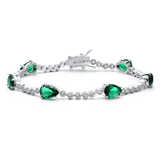 Emerald Color CZ And White CZ Pear Shape Tennis Bracelet In White
Rhodium Over Brass 4.26ctw