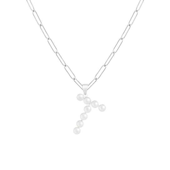 Letter T Initial Cultured Pearl Pendant Necklace In Sterling Silver