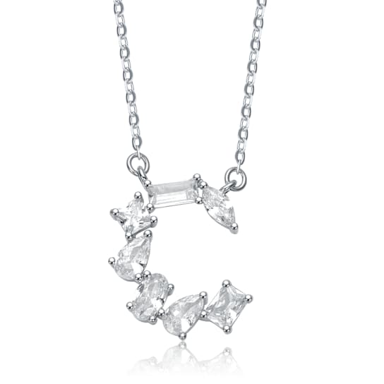 Initial C Mixed Cut CZ Pendant Necklace In Sterling Silver 18 Inch