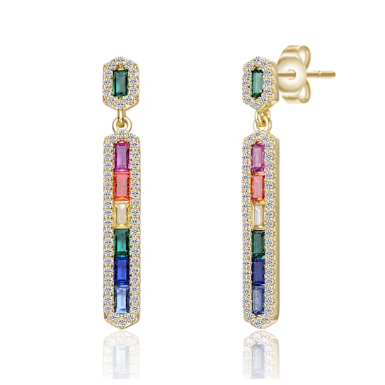 Multi-Color CZ Linear Drop Earrings In 14K Gold Over Sterling Silver