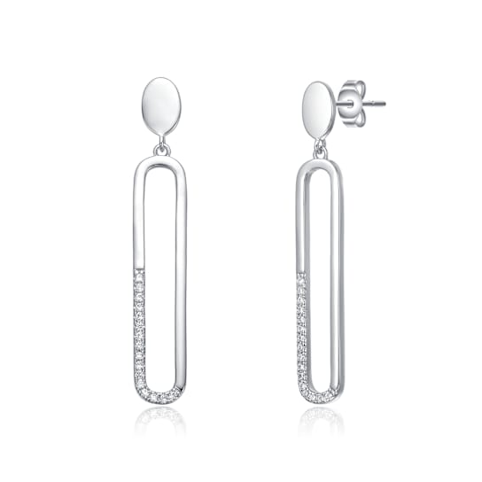 Pave CZ Oval Drop Earrings In Sterling Silver