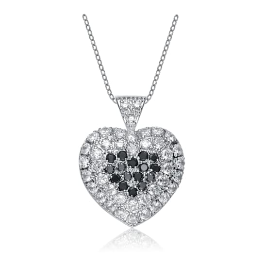 Black And White CZ Heart Pendant Necklace In Sterling Silver