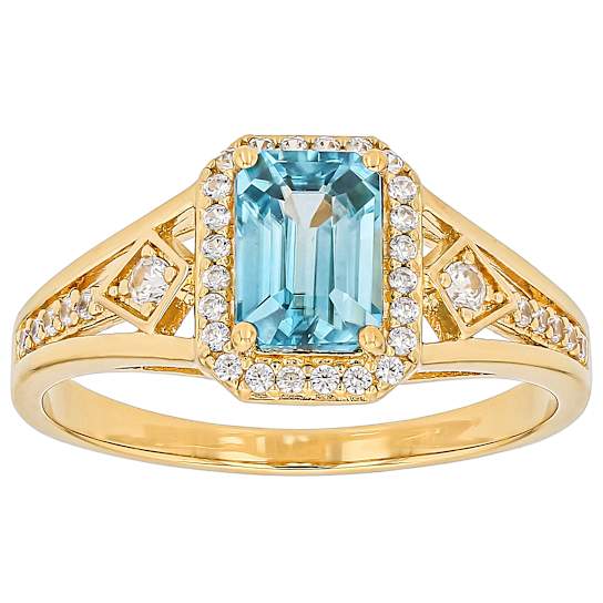 Blue Zircon And White Zircon Rectangular Octagonal Ring In 18K Gold Over
Sterling Silver 1.84ctw
