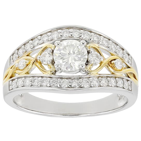 Moissanite platineve and 14k yellow gold over sterling silver two tone
ring.88ctw DEW