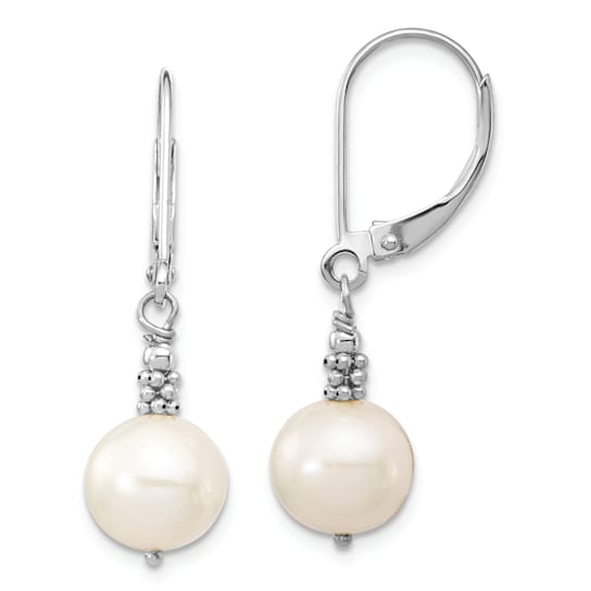 Rhodium Over 14K White Gold 8-9mm Near Round White Freshwater Cultured
Pearl Leverback Earrings