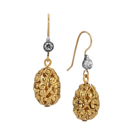 Gold Tone Filigree Bead With Clear Crystal Drop Wire Earrings