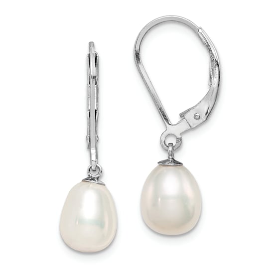 Rhodium Over Sterling Silver 7-8mm White Freshwater Cultured Pearl
Leverback Earrings