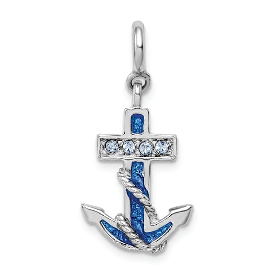 Rhodium Over Sterling Silver Crystals and Blue Enamel Anchor Charm