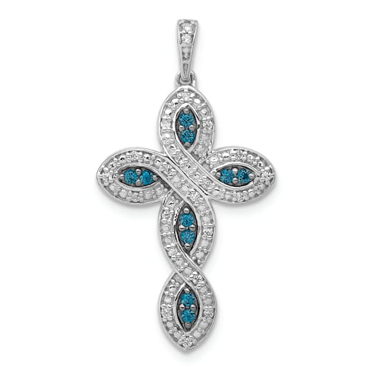 Rhodium Over 14K White Gold White and Blue Diamond Cross Pendant