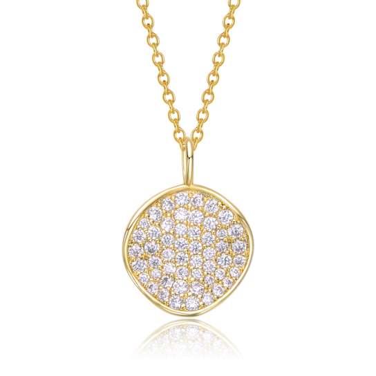Pave CZ Circle Pendant Necklace In 14K Gold Over Brass