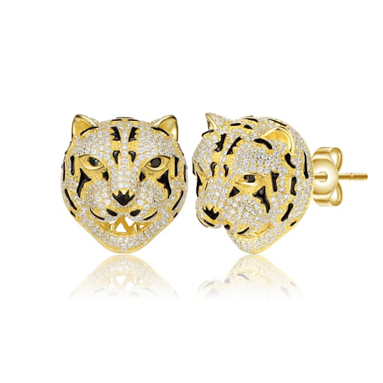 Leopard Head CZ Stud Earrings In 14K Gold Over Sterling Silver