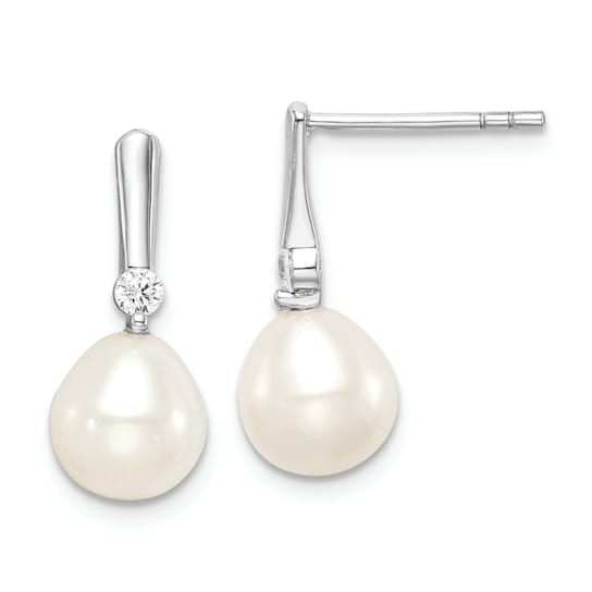 Rhodium Over Sterling Silver 7-8mm Rice Freshwater Cultured Pearl CZ
Dangle Earrings