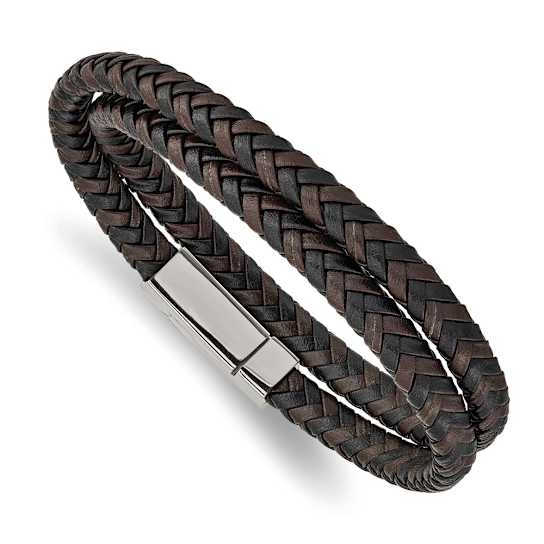 Brown and Black Braided Leather and Stainless Steel Polished 15.75-inch
Wrap Bracelet