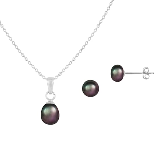 Black Freshwater Pearl Earring And Pendant Set In Sterling Silver