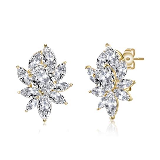 CZ Corsage Flower Cluster Stud Earrings In 14K Gold Over Sterling Silver