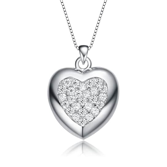 Pave CZ Heart Pendant Necklace In White Rhodium Over Brass