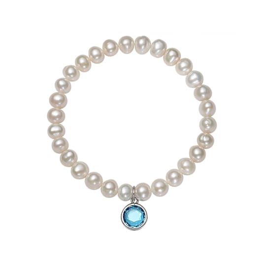Freshwater Pearl And Light Blue CZ Charm Stretch Bracelet In Sterling
Silver 7-8mm