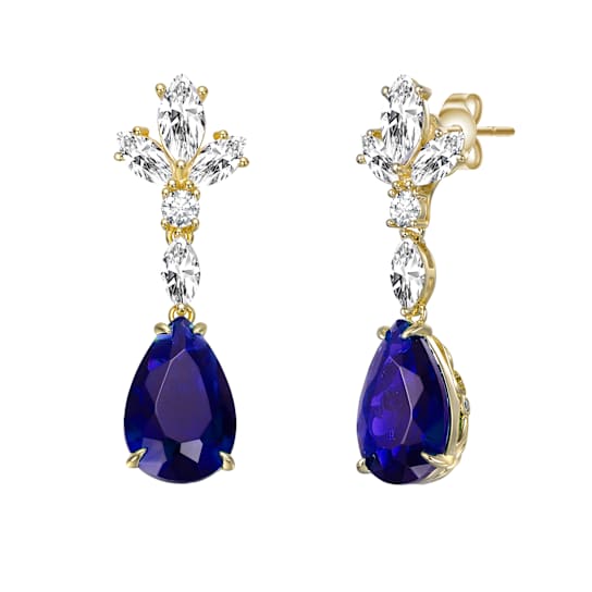 Sapphire Color CZ Cluster Drop Earrings In 14K Gold Over Sterling Silver