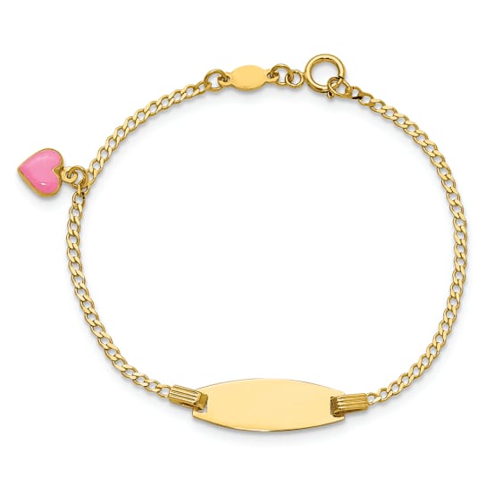 14k Yellow Gold Polished Kids ID with Pink Enameled Puffed Heart Bracelet