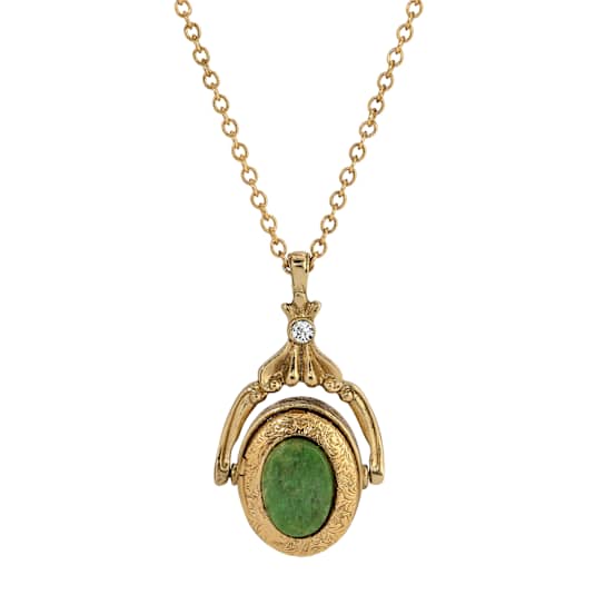 Yellow Base Metal Oval Jade Double Locket Necklace 28"