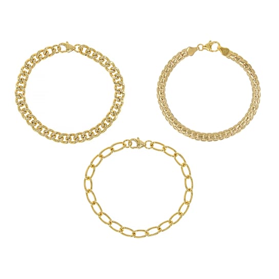 Curb Link Bracelet Set Of Three In 18K Gold Over Bronze