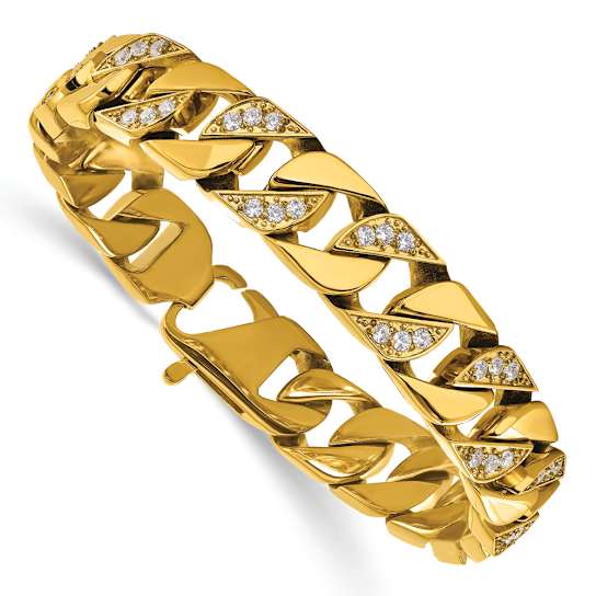 White Cubic Zirconia Stainless Steel Polished Yellow IP Plated Men's Bracelet