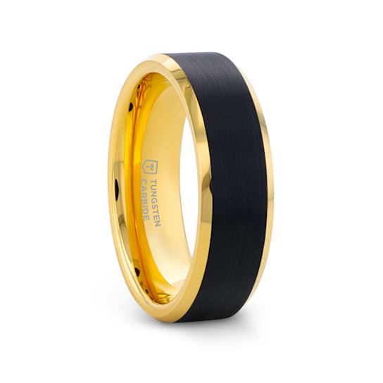 GASTON Gold Plated Tungsten Polished Beveled Ring with Brushed Black
Center 6mm