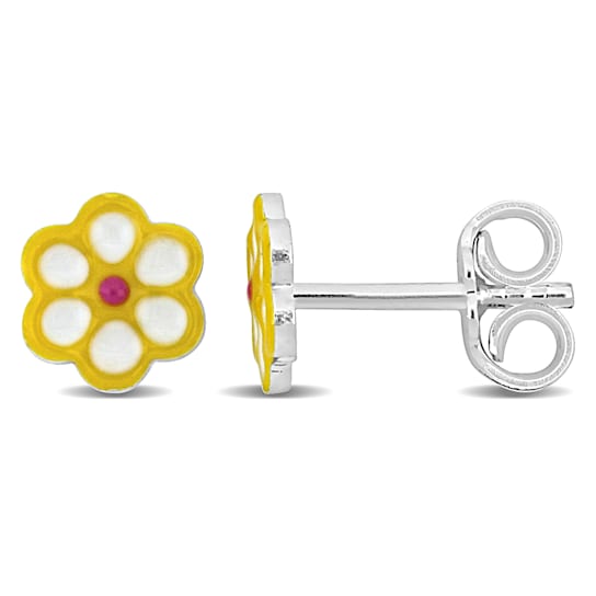 Children's Yellow Enamel Flower Stud Earrings in Sterling Silver