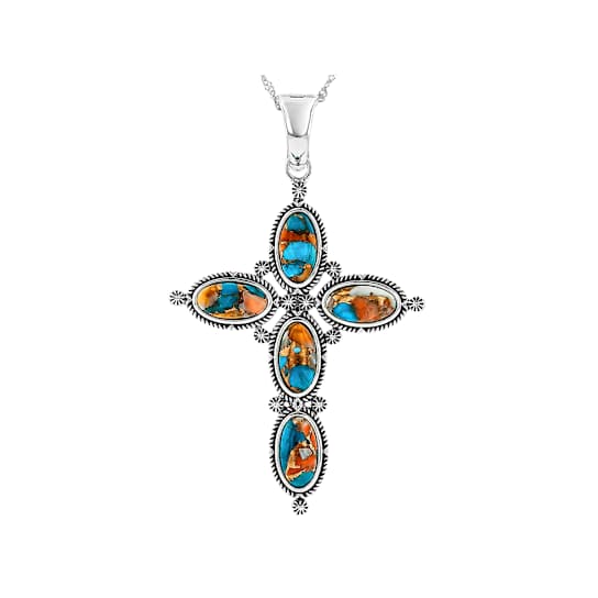 Spiny Oyster and Turquoise Cross Enhancer Necklace in Oxidized Sterling Silver
