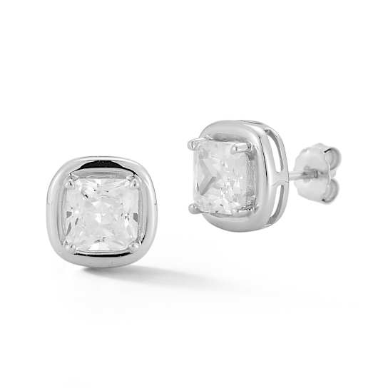 Rachel Zoe Puffed Square CZ Stud Earrings in Rhodium Over Sterling Silver