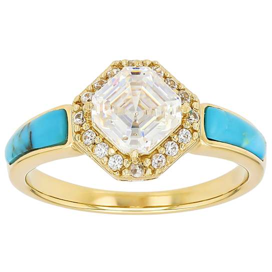 Diamond Simulant Asscher, Composite Turquoise And White Zircon Ring In
18K Gold Over Sterling Silver 2.04ctw