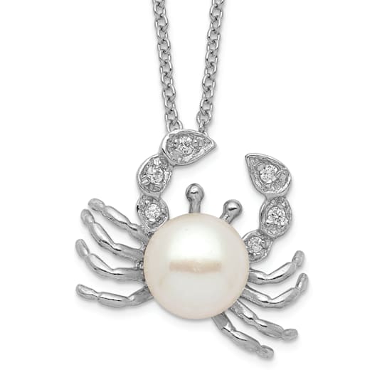 Rhodium Over Sterling Silver Cubic Zirconia and Freshwater Pearl Crab Necklace