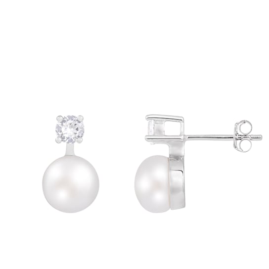 7½-8mm White Cultured Freshwater Pearl and Cubic Zirconia Rhodium Over
Sterling Silver Earrings