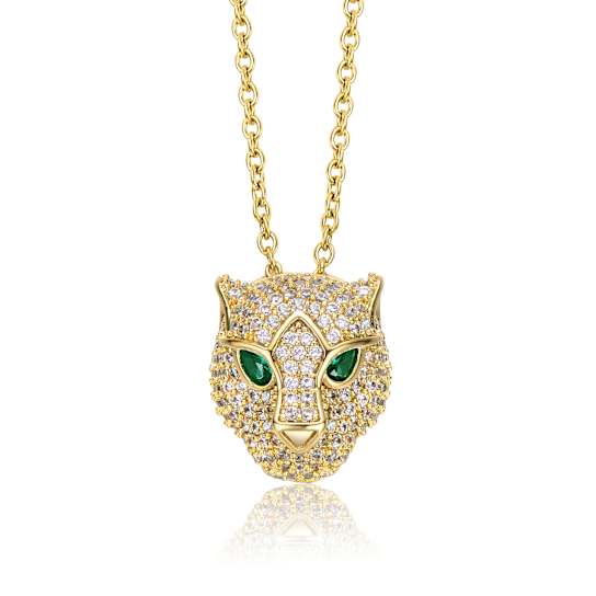 Emerald Color CZ Panther Head Pendant Necklace In 14K Gold Over Brass