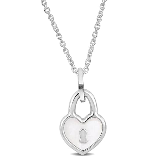 Children's White Enamel Heart Lock Charm Necklace in Sterling Silver
