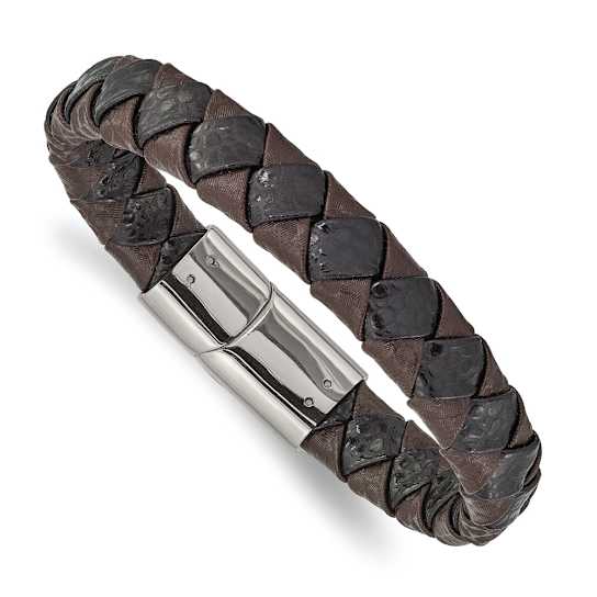 Black and Brown Leather and Stainless Steel Polished 8-in Bracelet