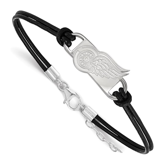 Rhodium Over Sterling Silver NHL LogoArt Detroit Red Wings Leather Bracelet