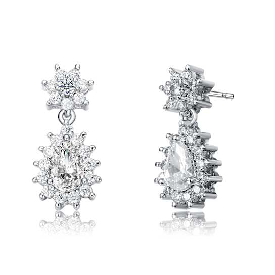 Pear Shape CZ Flower Cluster Drop Earrings In White Rhodium Over Brass